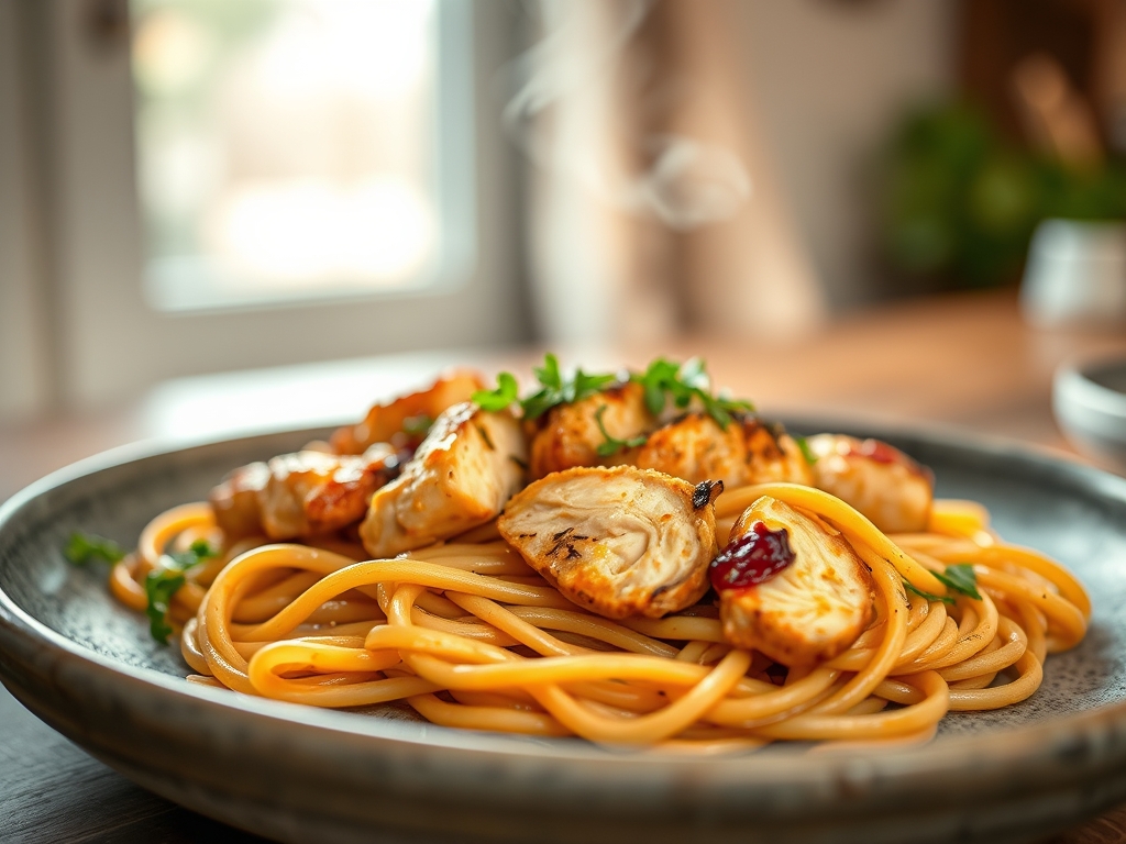 Freshly prepared chicken recipes with noodles