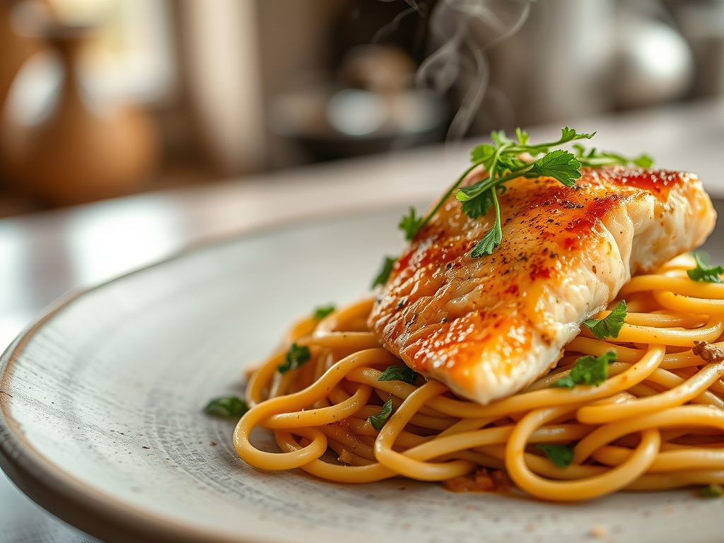 Freshly prepared noodles and salmon recipes