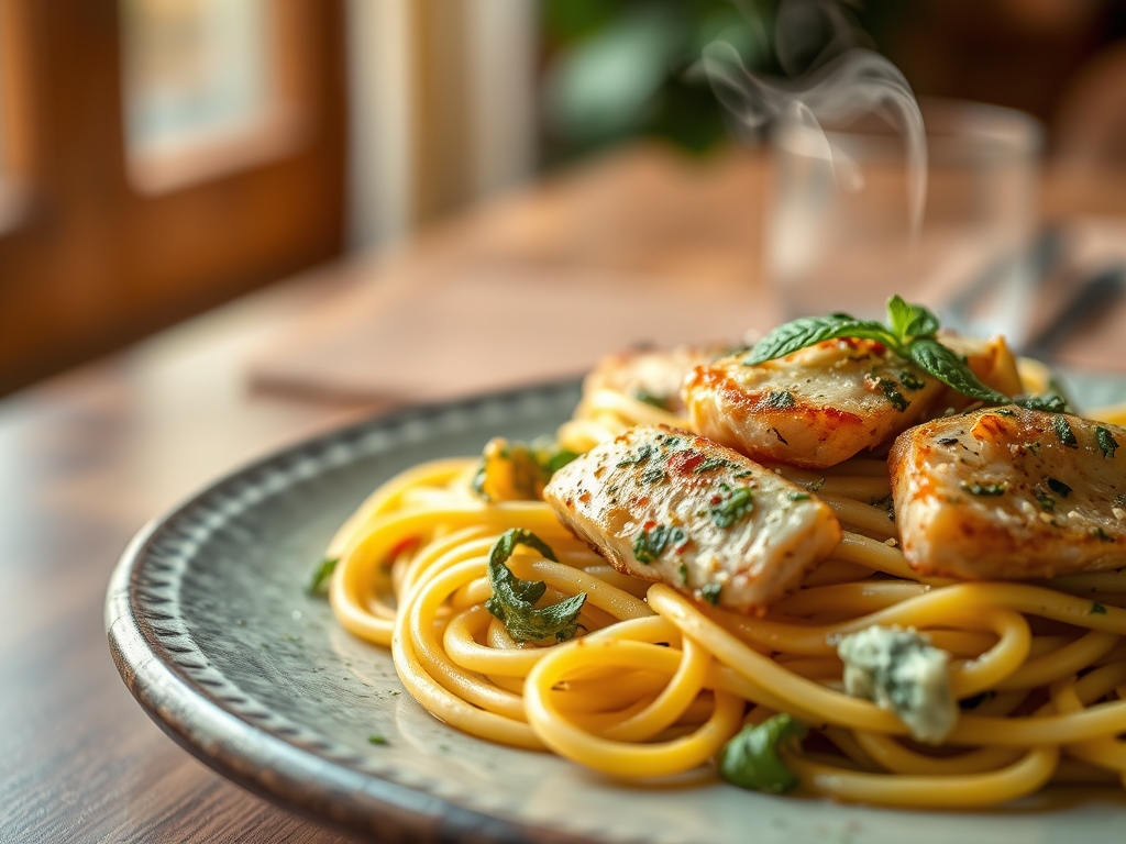 Freshly prepared pesto pasta with chicken recipes